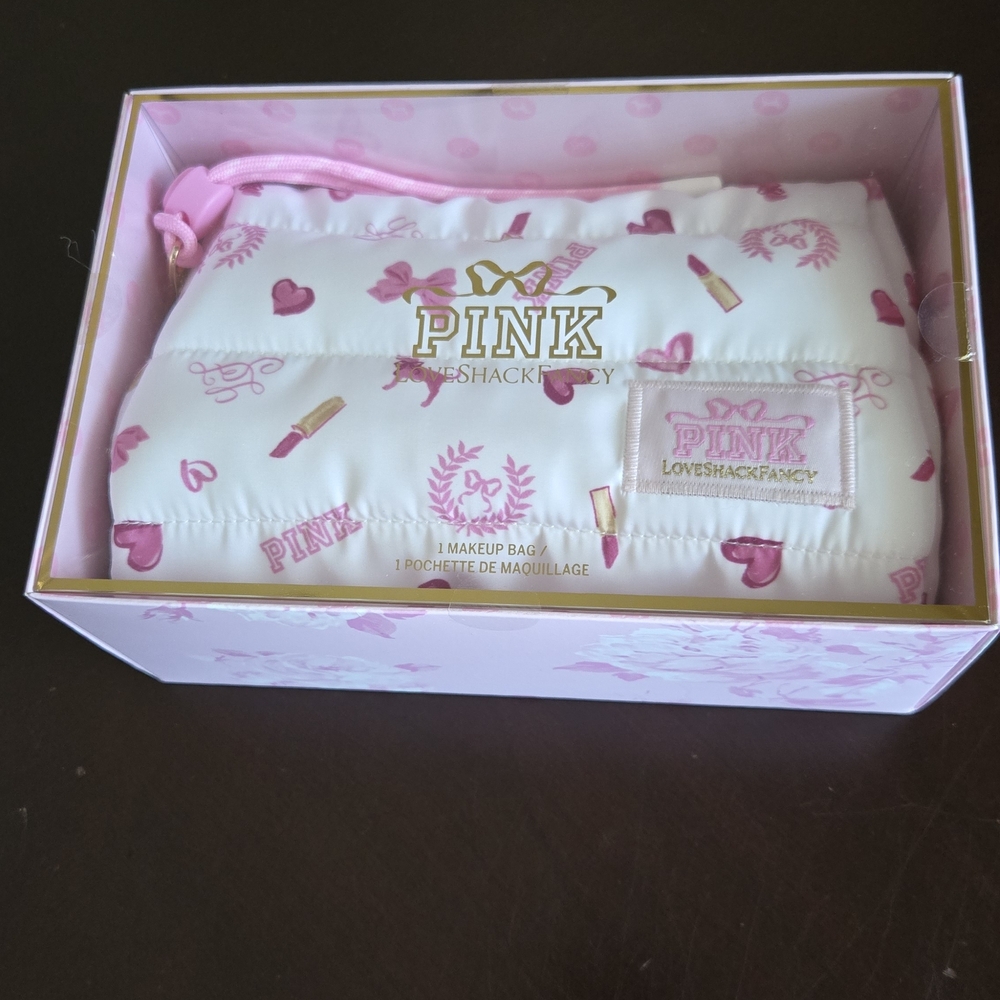 PINK Victoria's Secret Love Shack Fancy White and Pink Patterned Make Up Bag
